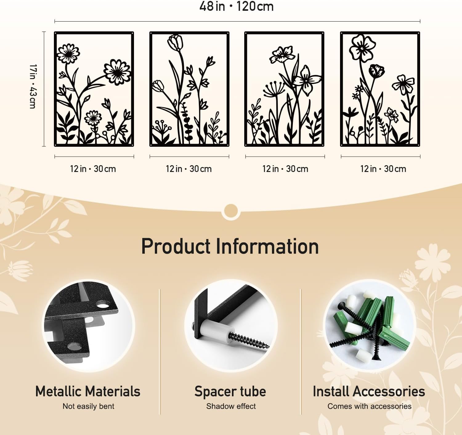 Black metal minimalist flower wall sculpture, {form_factor}, {dimension}, mounted on {wall_color} wall — view 4