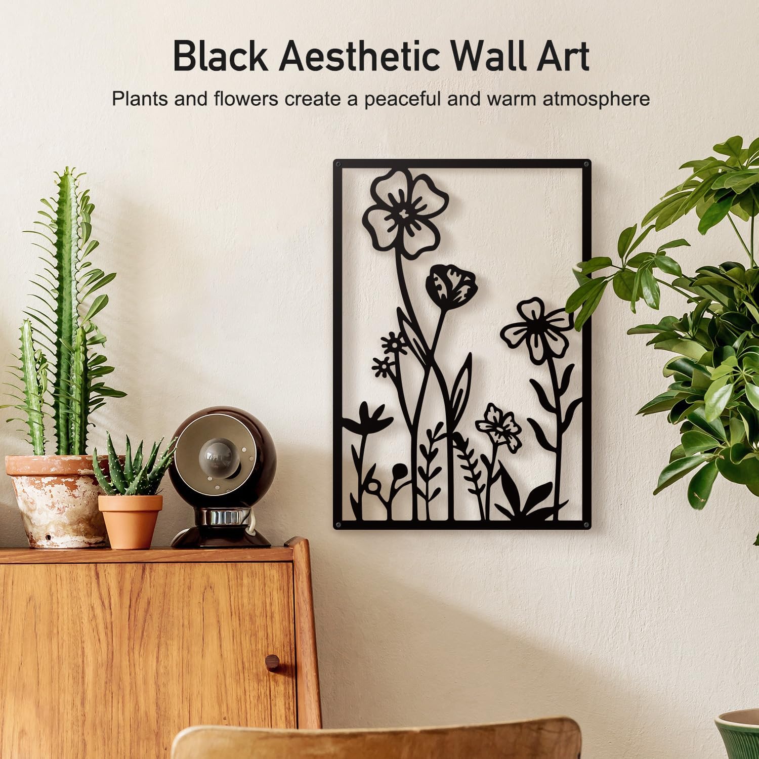 Black metal minimalist flower wall sculpture, {form_factor}, {dimension}, mounted on {wall_color} wall — view 2