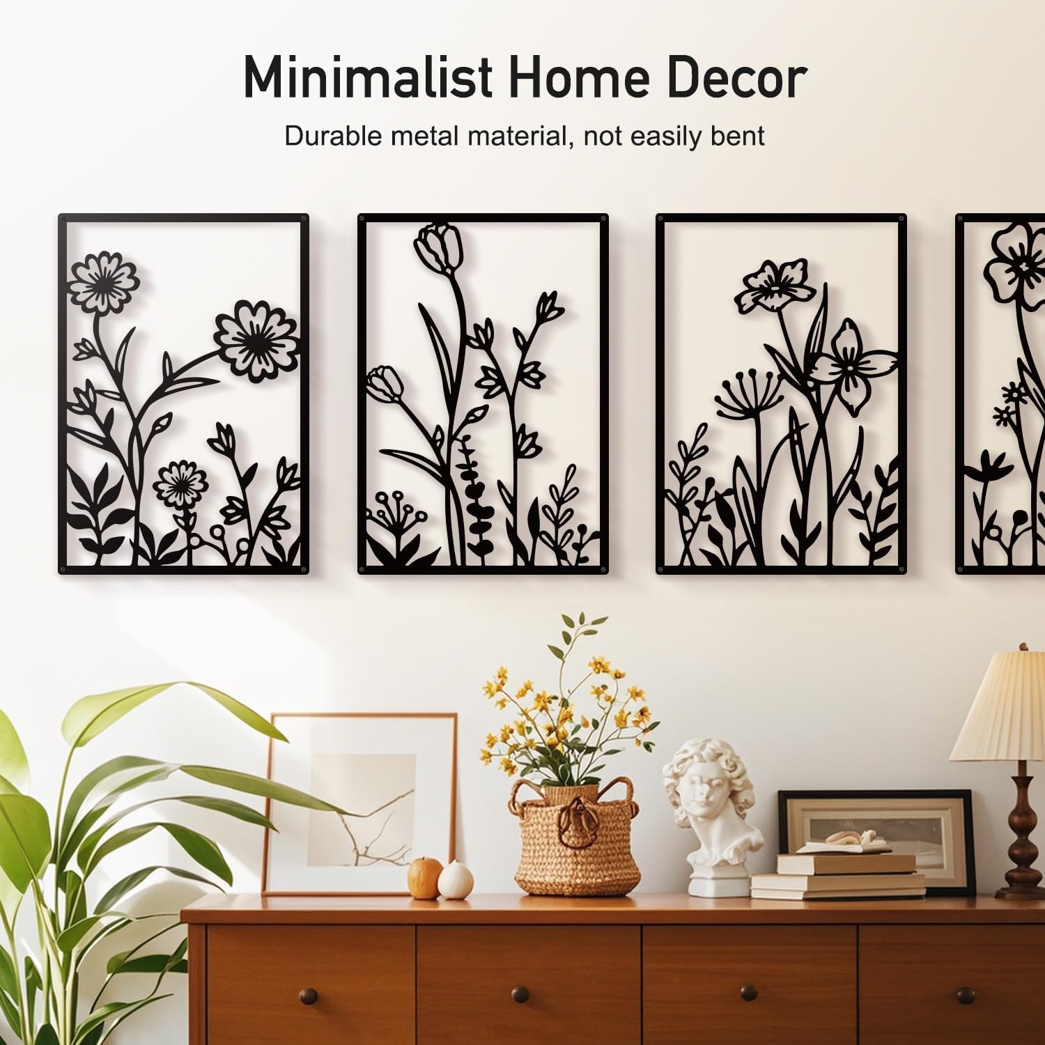 Black metal minimalist flower wall sculpture, {form_factor}, {dimension}, mounted on {wall_color} wall — view 3