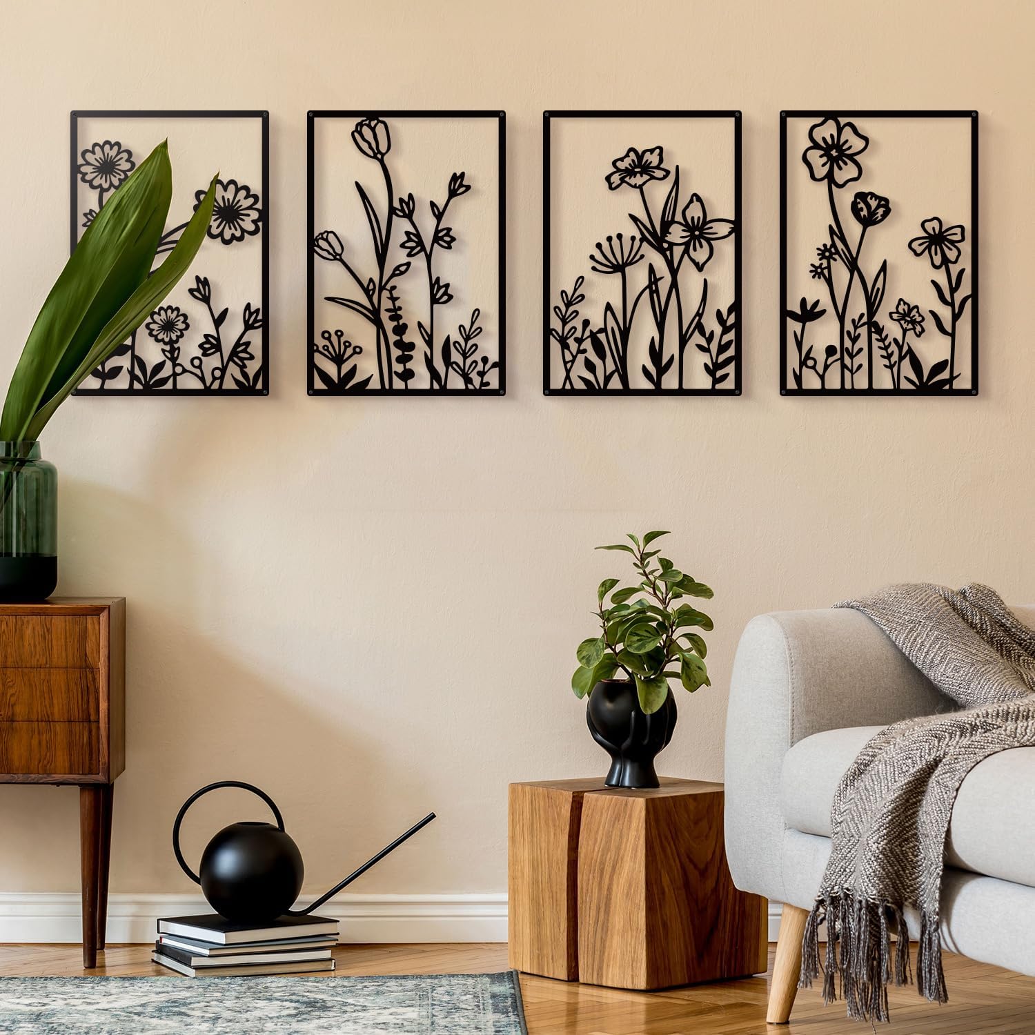 Black metal minimalist flower wall sculpture, {form_factor}, {dimension}, mounted on {wall_color} wall — view 4