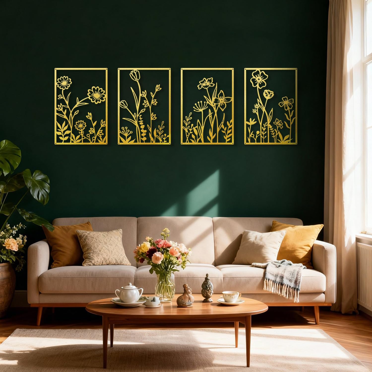 Black metal minimalist flower wall sculpture, {form_factor}, {dimension}, mounted on {wall_color} wall — view 5