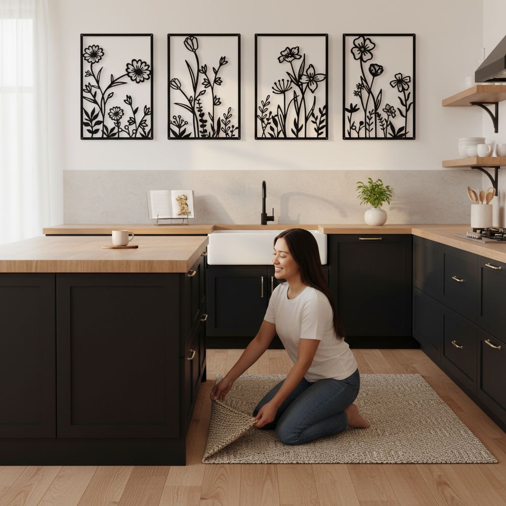 Black metal minimalist flower wall sculpture, {form_factor}, {dimension}, mounted on {wall_color} wall — view 3b