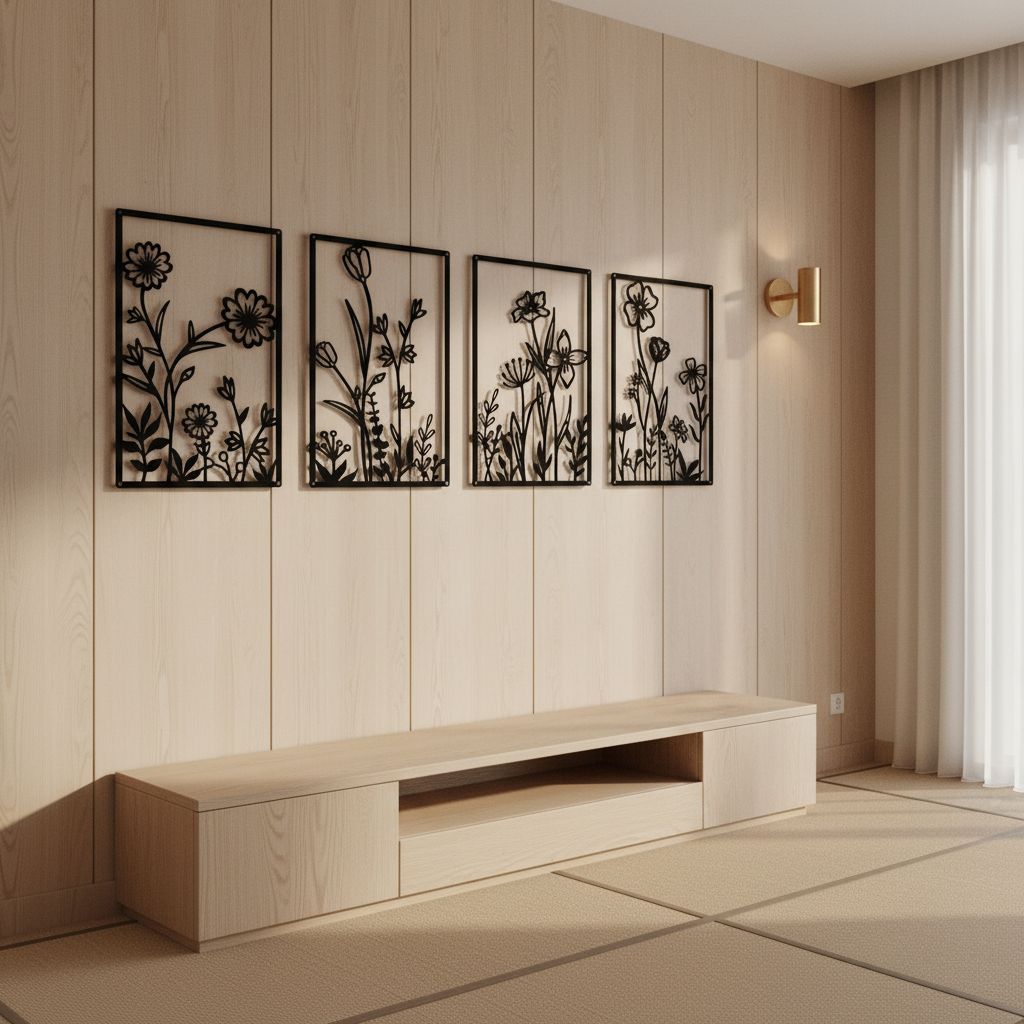 Black metal minimalist flower wall sculpture, {form_factor}, {dimension}, mounted on {wall_color} wall — view 5b