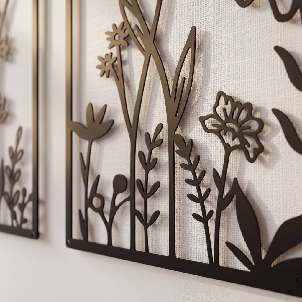 Black metal minimalist flower wall sculpture, {form_factor}, {dimension}, mounted on {wall_color} wall — view 7