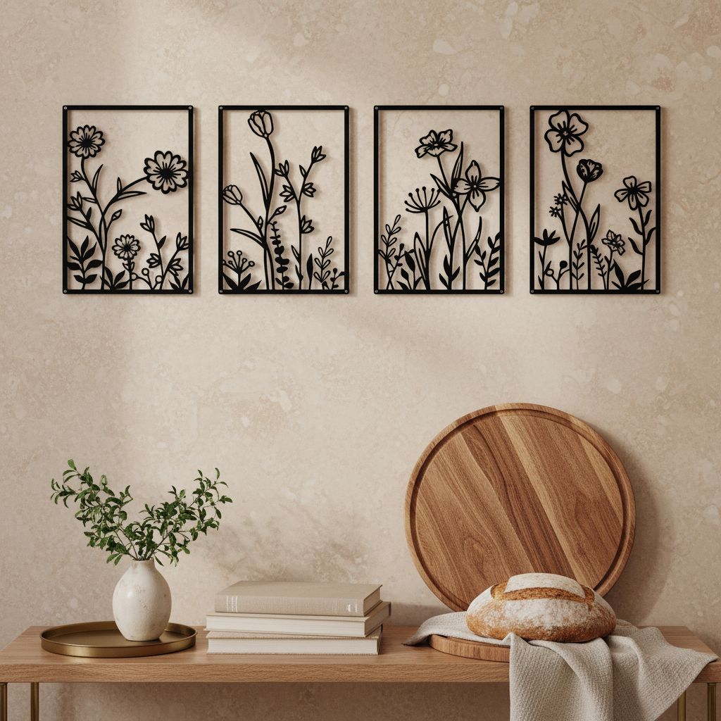 Black metal minimalist flower wall sculpture, {form_factor}, {dimension}, mounted on {wall_color} wall — view 3a