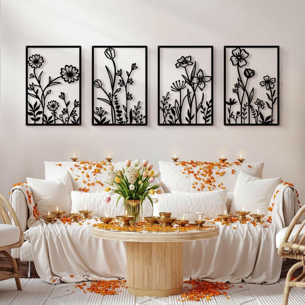 Black metal minimalist flower wall sculpture, {form_factor}, {dimension}, mounted on {wall_color} wall — view 4