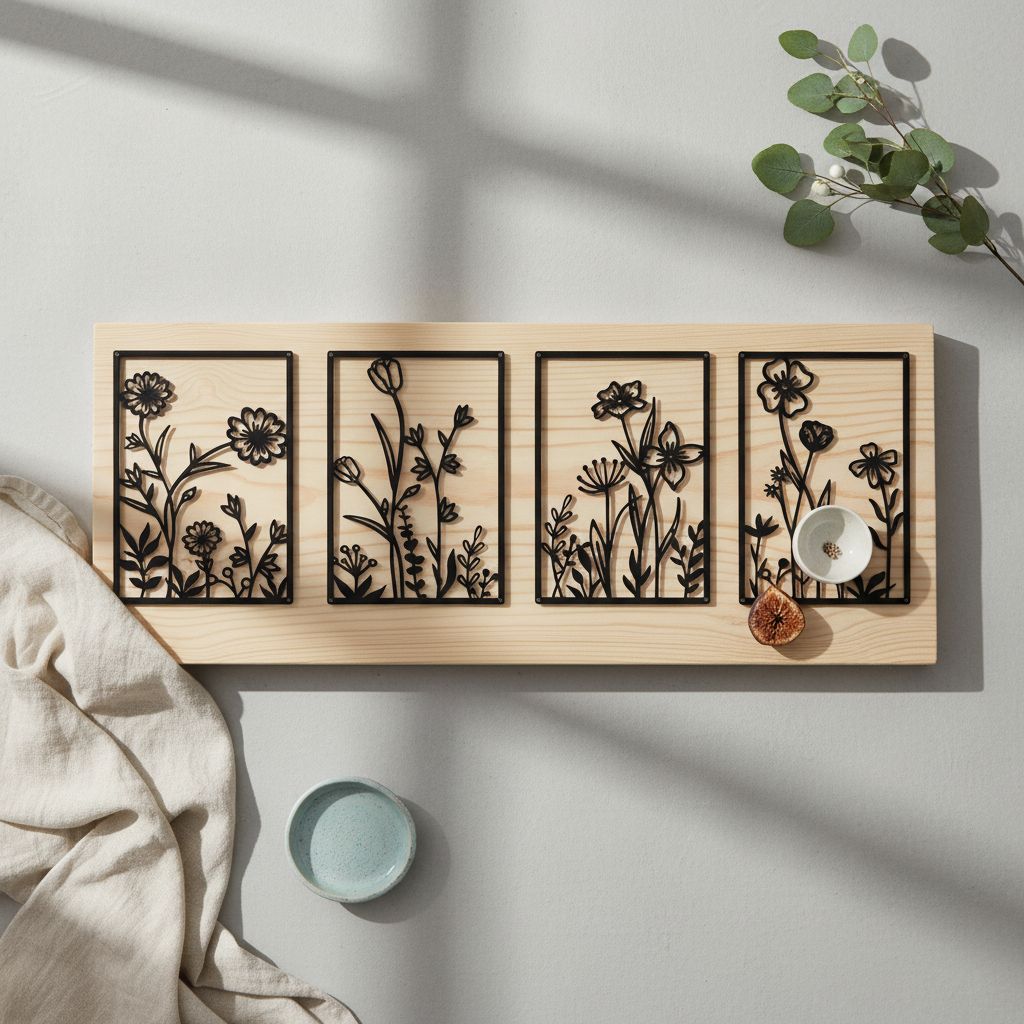 Black metal minimalist flower wall sculpture, {form_factor}, {dimension}, mounted on {wall_color} wall — hero view 2