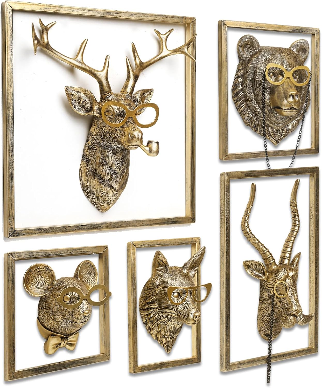 [Animal type] resin head wall sculpture with gold metal frame, [color] finish, mounted wall art decoration — view 1