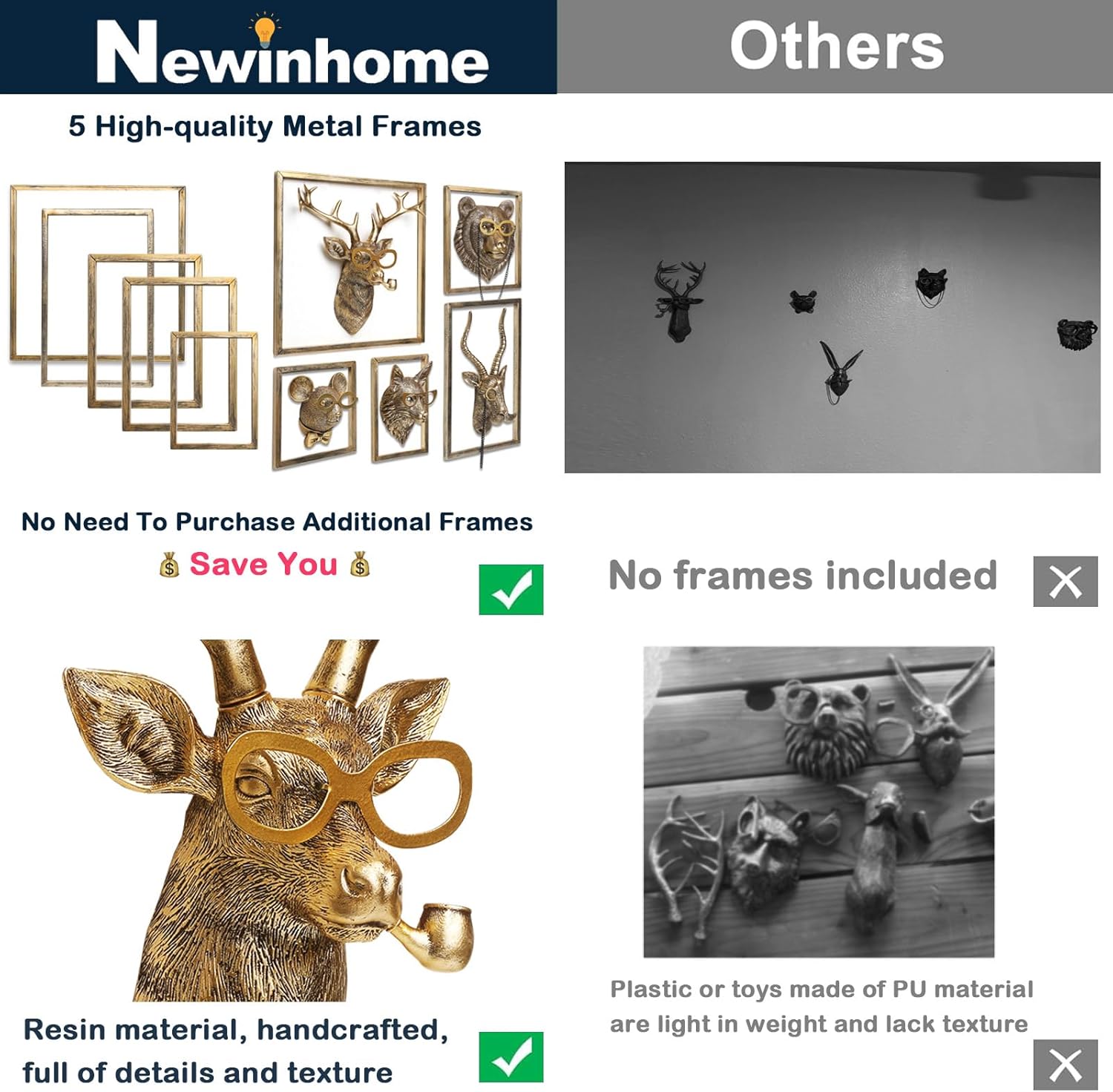 [Animal type] resin head wall sculpture with gold metal frame, [color] finish, mounted wall art decoration — view 3
