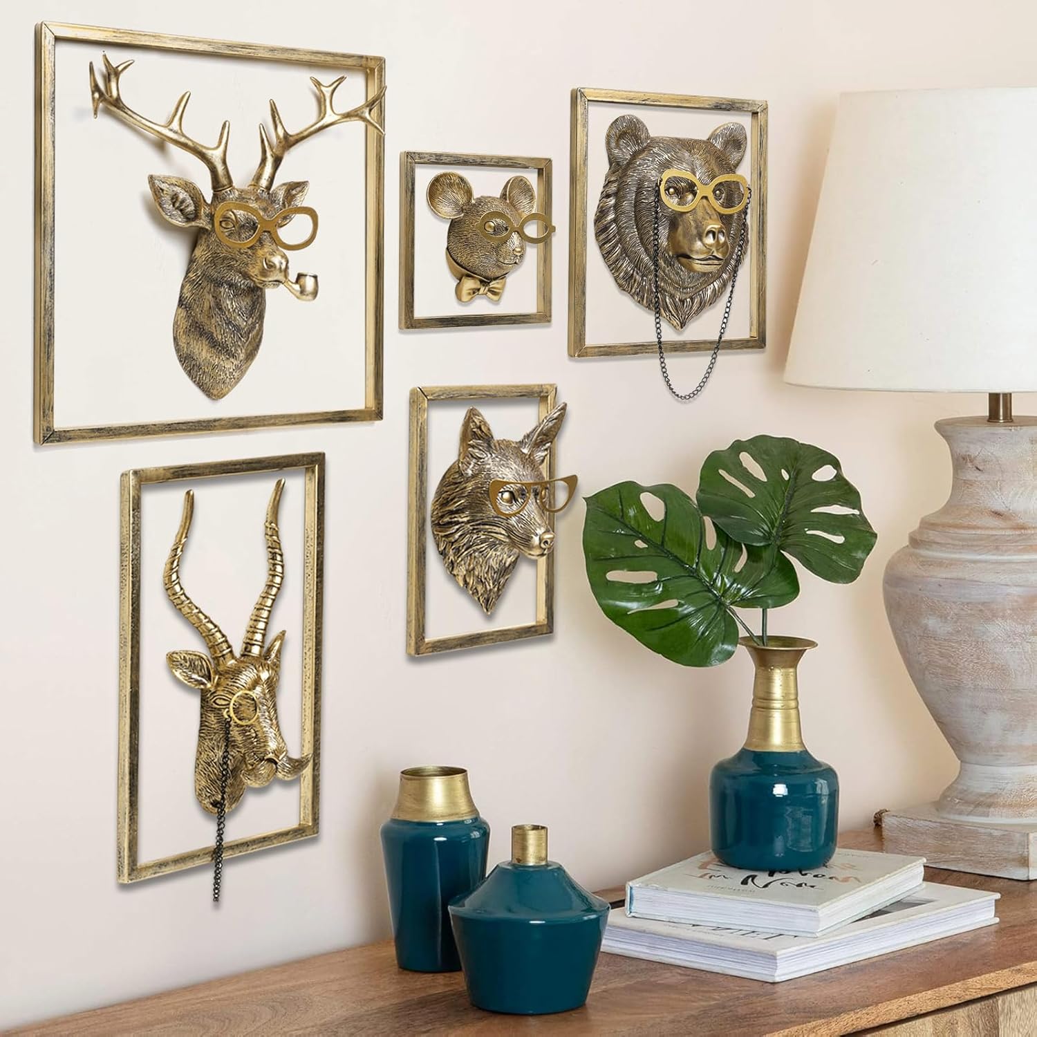 [Animal type] resin head wall sculpture with gold metal frame, [color] finish, mounted wall art decoration — view 4