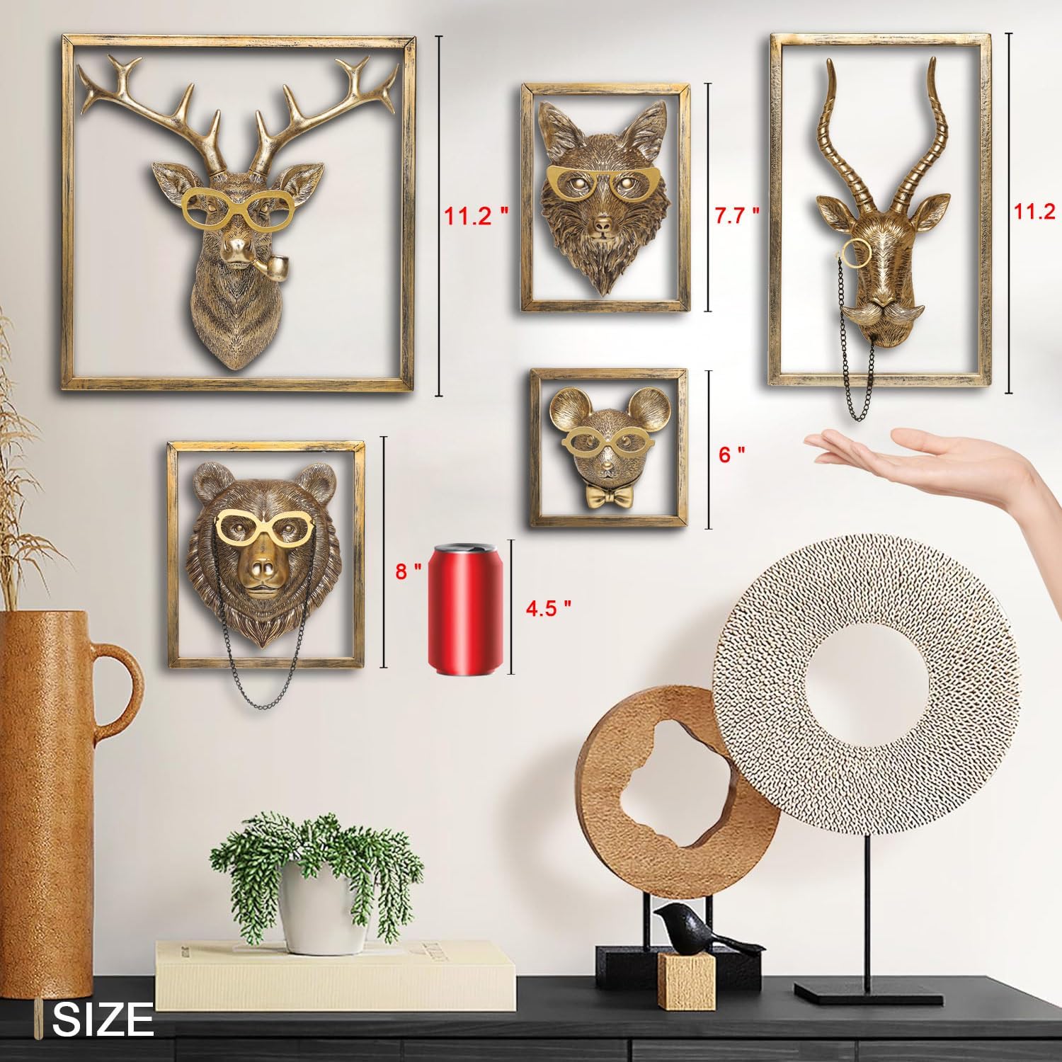 [Animal type] resin head wall sculpture with gold metal frame, [color] finish, mounted wall art decoration — view 2