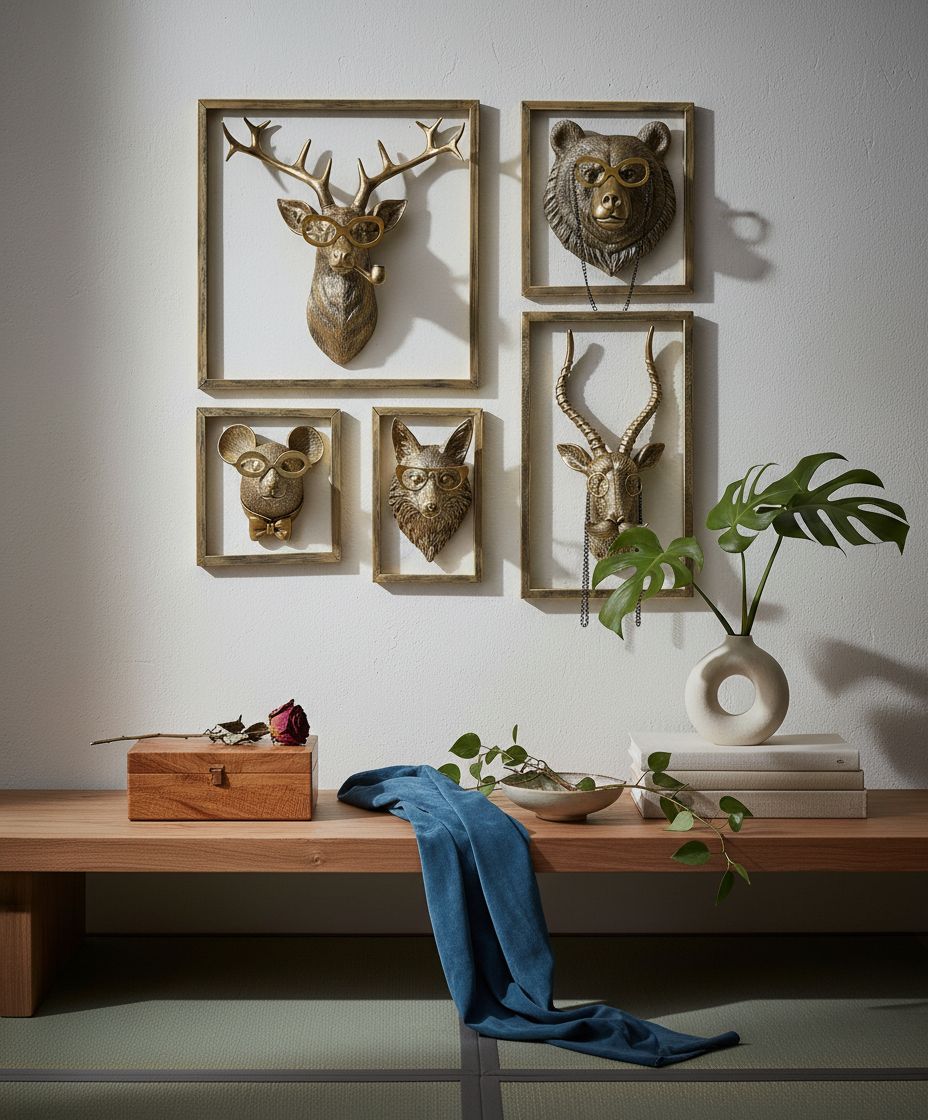 [Animal type] resin head wall sculpture with gold metal frame, [color] finish, mounted wall art decoration — view 3a