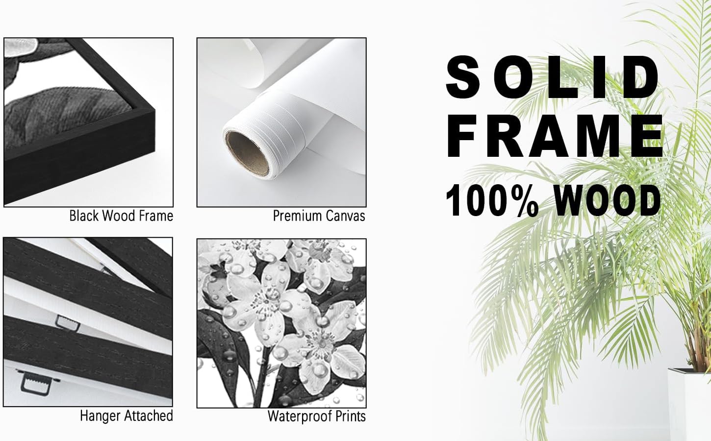 Black and white vintage botanical canvas wall print with wood frame, {orientation} format — side
