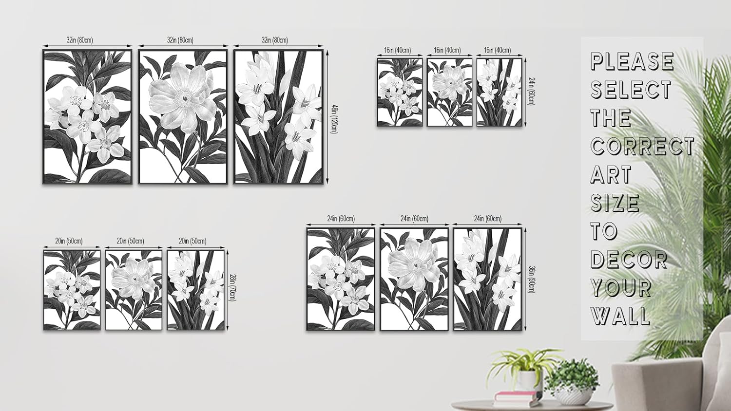 Black and white vintage botanical canvas wall print with wood frame, {orientation} format — back