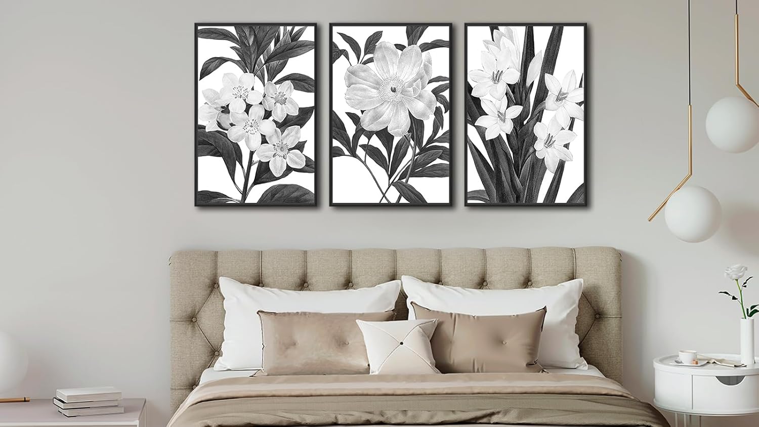 Black and white vintage botanical canvas wall print with wood frame, {orientation} format — view 2