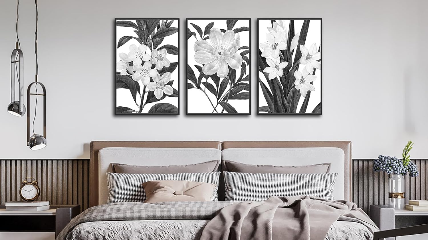 Black and white vintage botanical canvas wall print with wood frame, {orientation} format — view 3