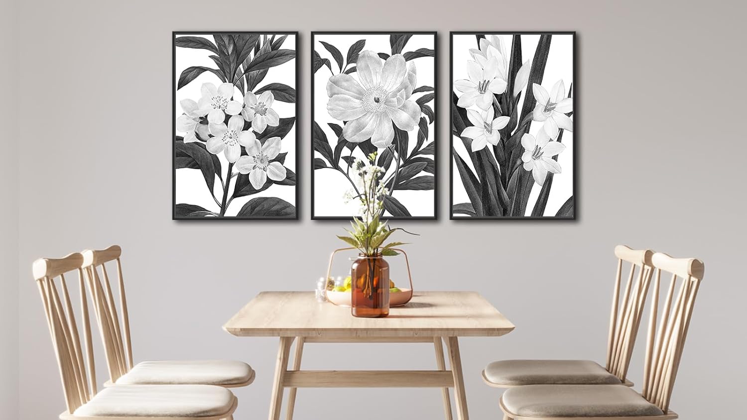 Black and white vintage botanical canvas wall print with wood frame, {orientation} format — view 5