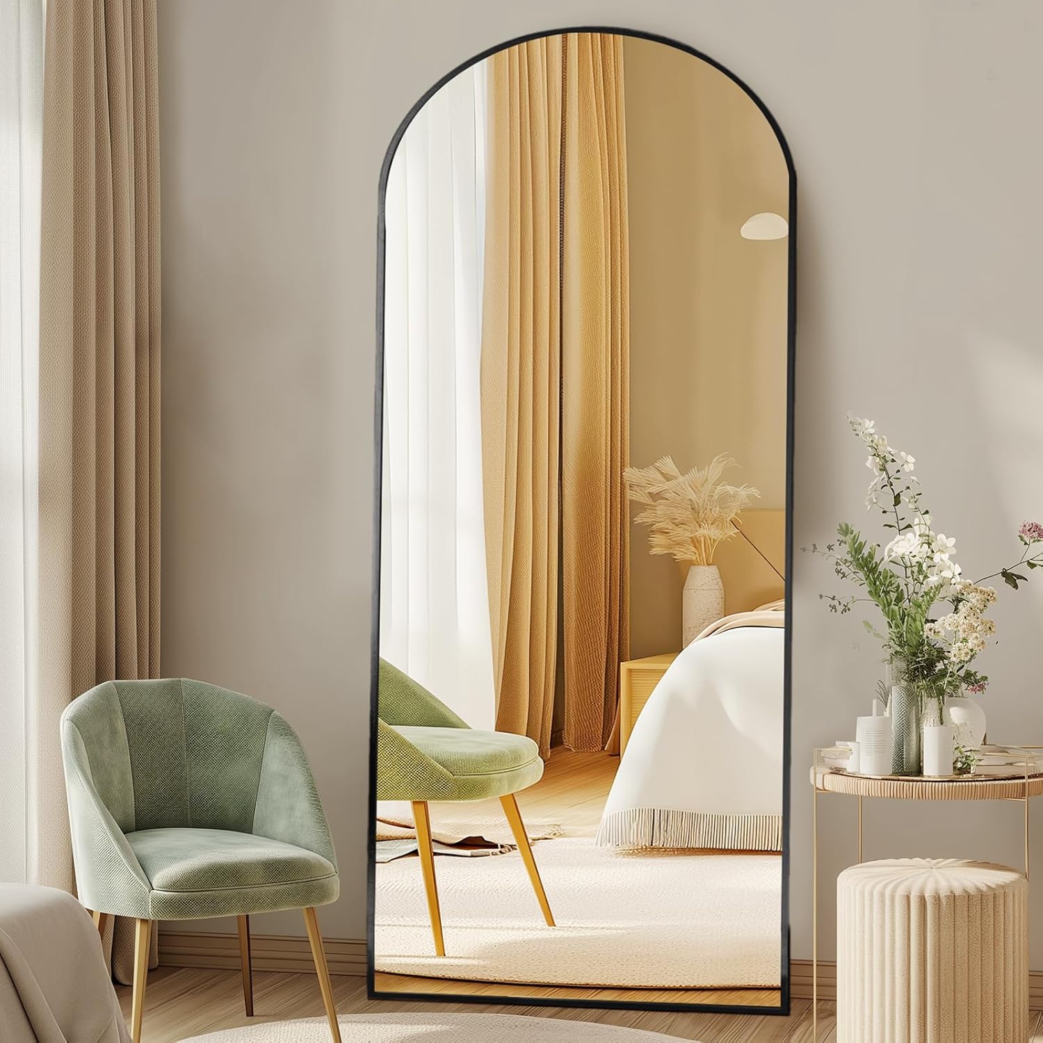 Tall arched floor mirror with black aluminum frame and nano glass panel, modern minimalist design for bedroom — view 1