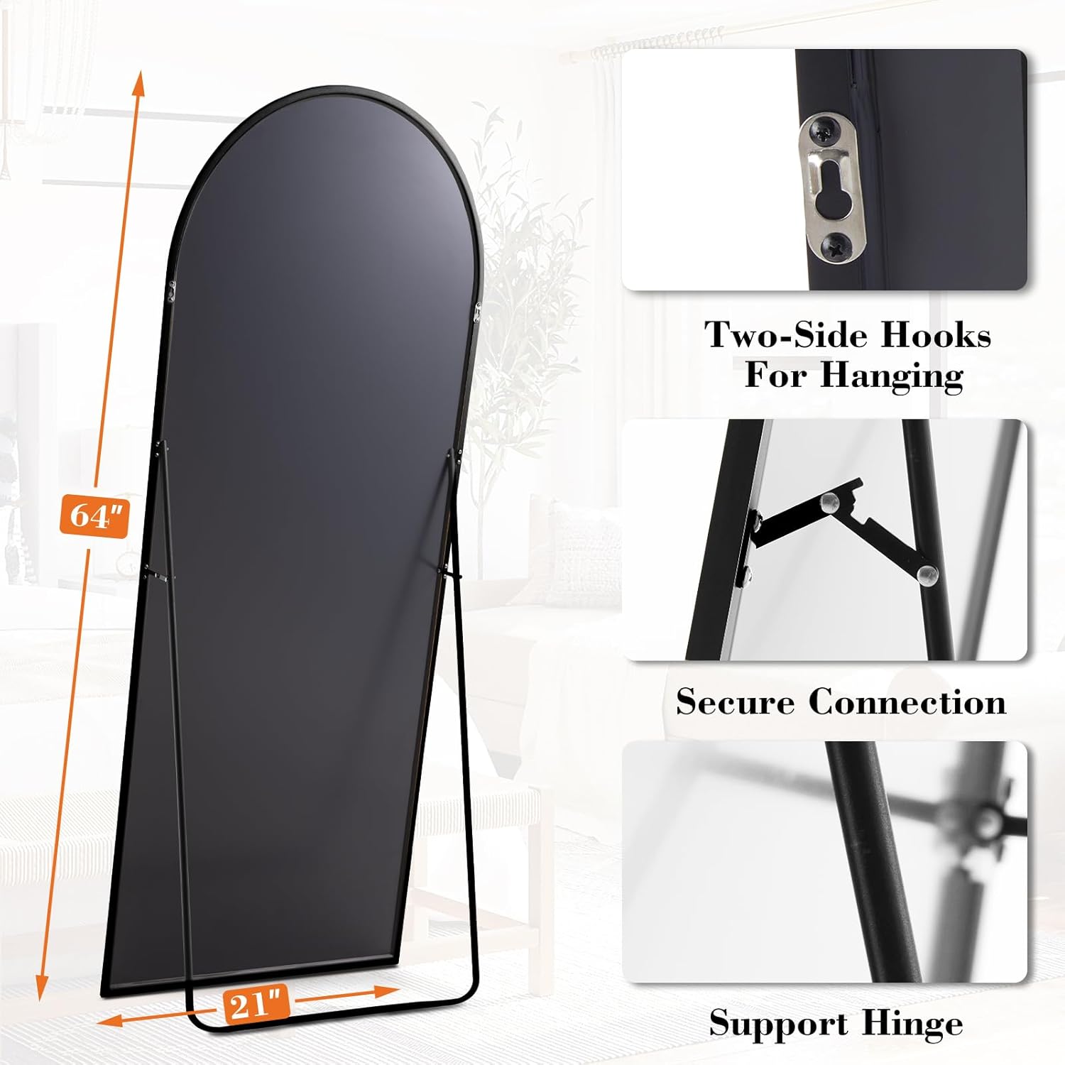 Tall arched floor mirror with black aluminum frame and nano glass panel, modern minimalist design for bedroom — view 2