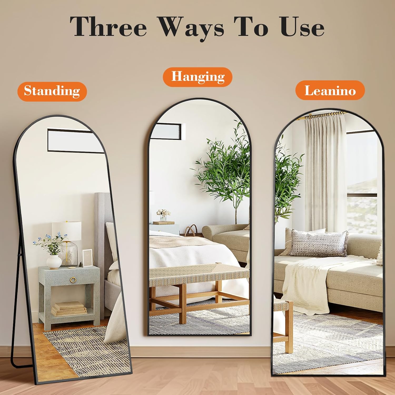 Tall arched floor mirror with black aluminum frame and nano glass panel, modern minimalist design for bedroom — view 3