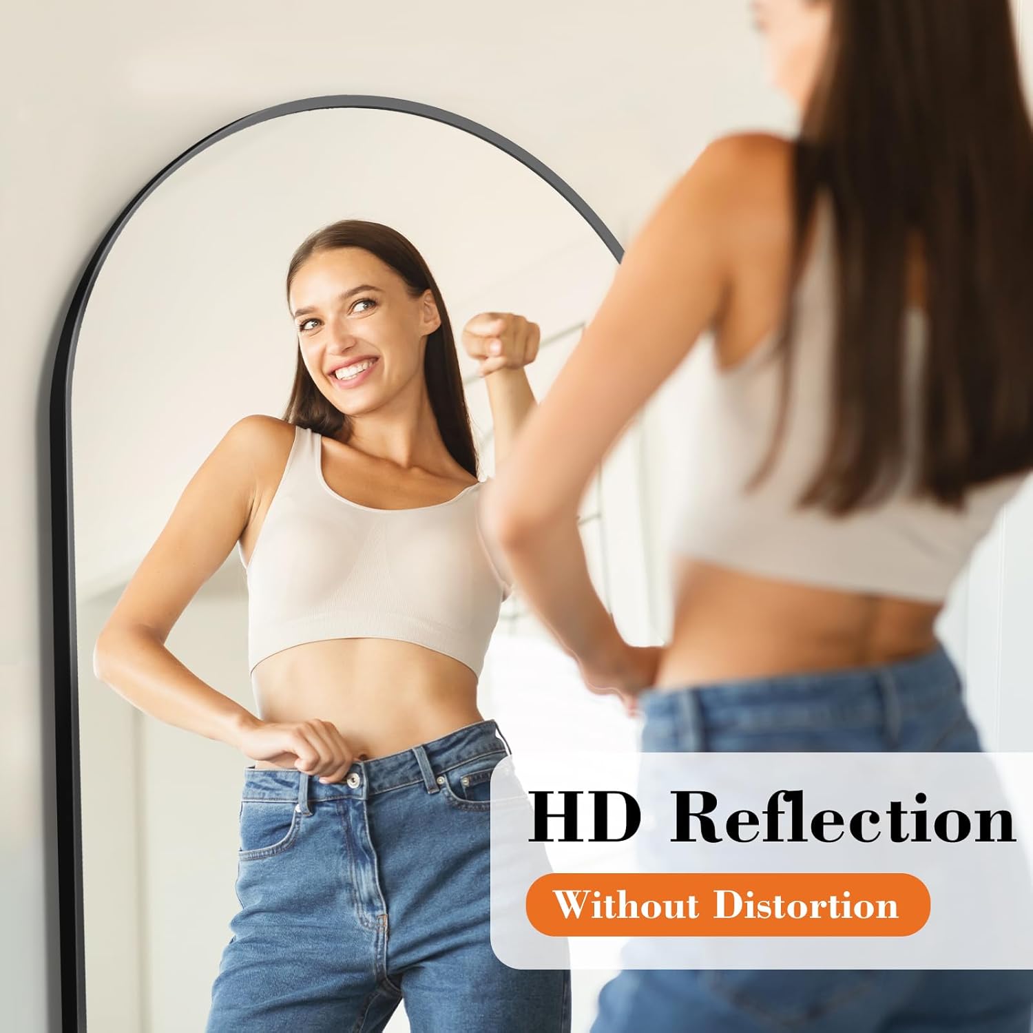 Tall arched floor mirror with black aluminum frame and nano glass panel, modern minimalist design for bedroom — view 4