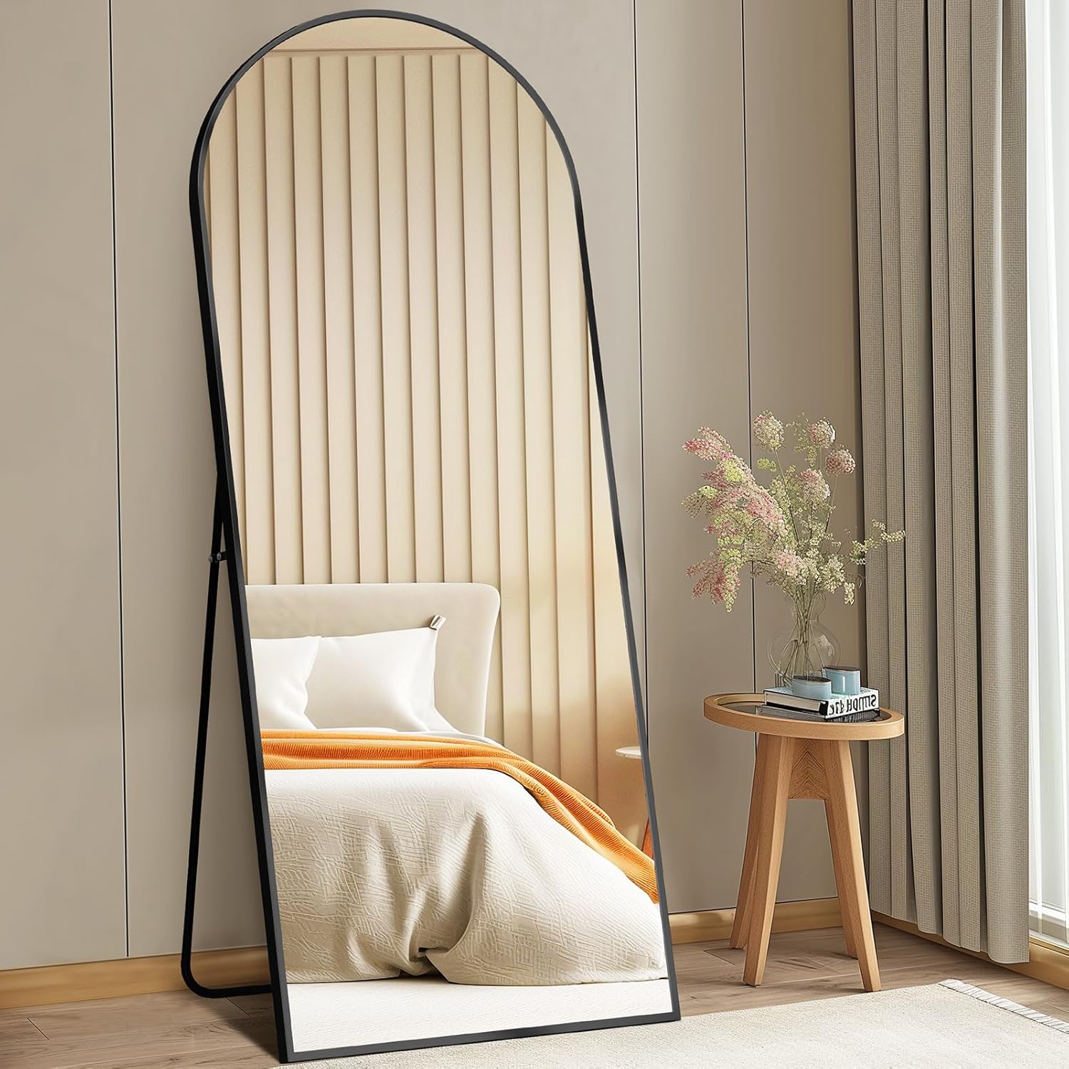 Tall arched floor mirror with black aluminum frame and nano glass panel, modern minimalist design for bedroom — view 3