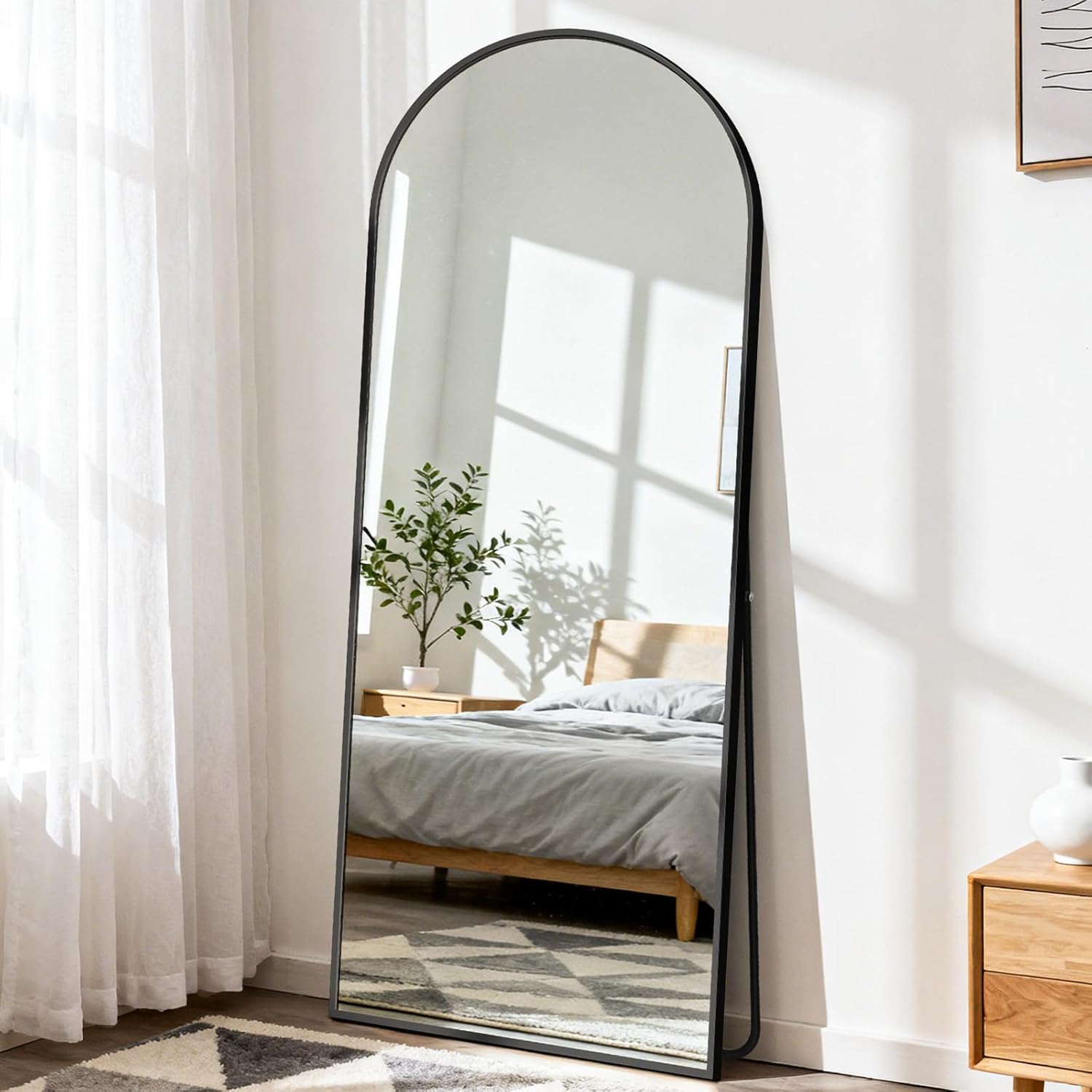 Tall arched floor mirror with black aluminum frame and nano glass panel, modern minimalist design for bedroom — view 4