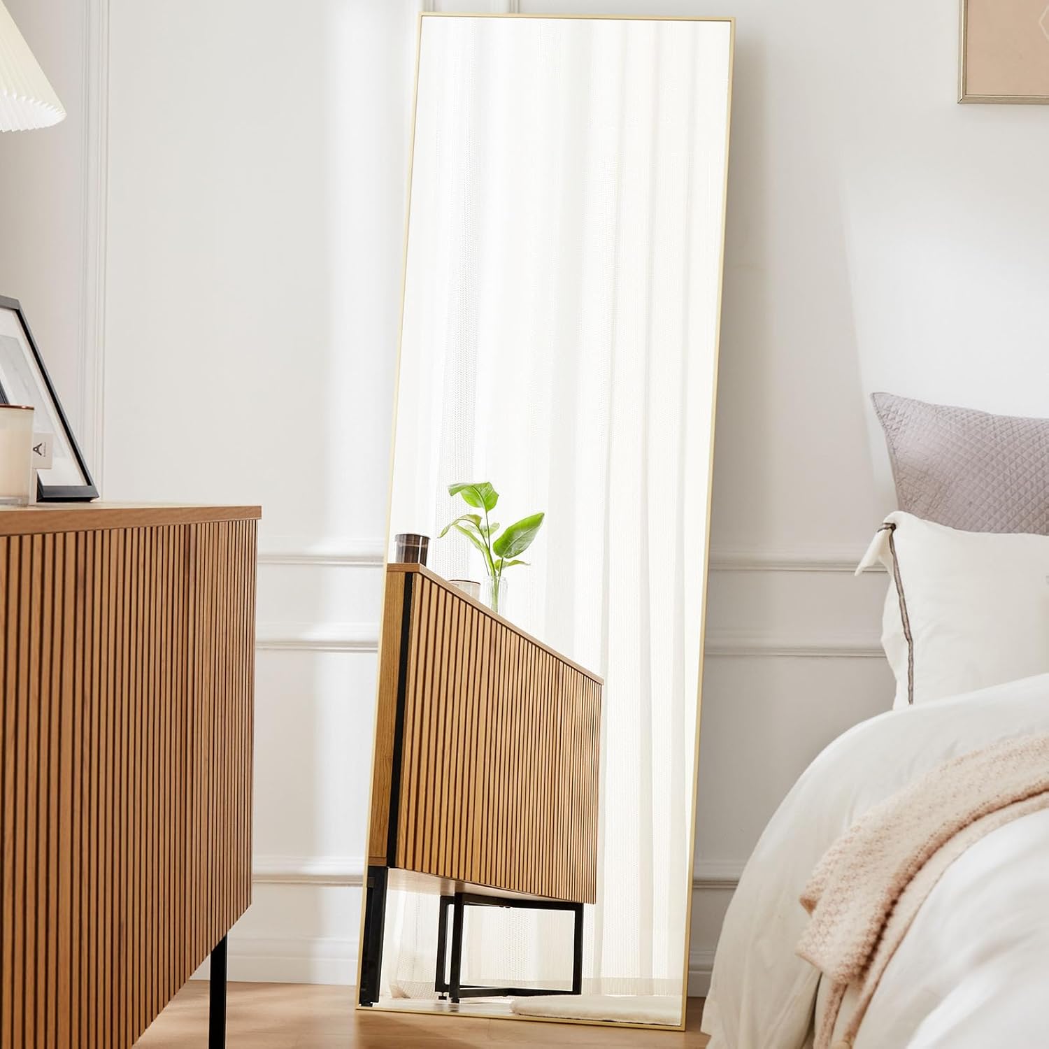 Tall arched floor mirror with black aluminum frame and nano glass panel, modern minimalist design for bedroom — view 5