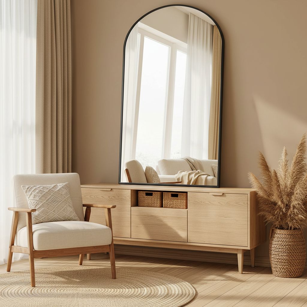 Tall arched floor mirror with black aluminum frame and nano glass panel, modern minimalist design for bedroom — view 5b