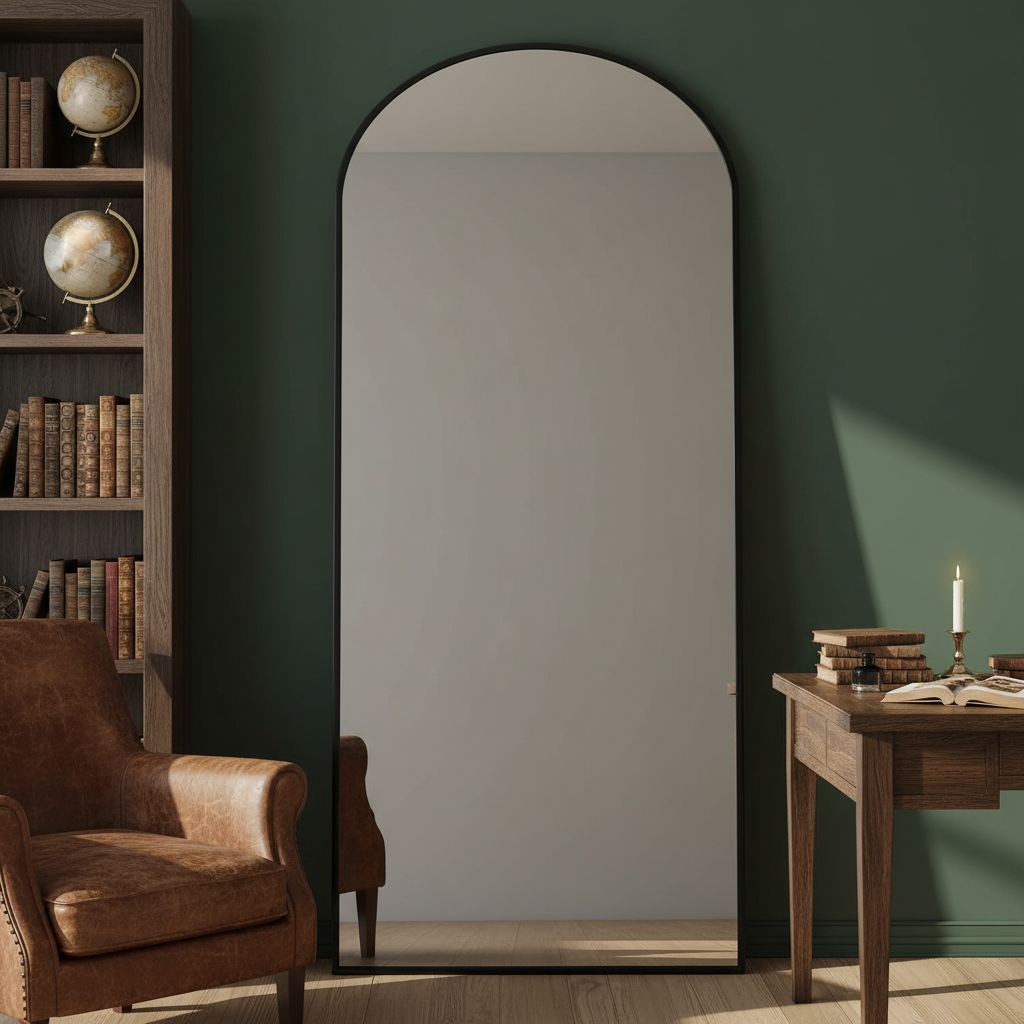 Tall arched floor mirror with black aluminum frame and nano glass panel, modern minimalist design for bedroom — view 2
