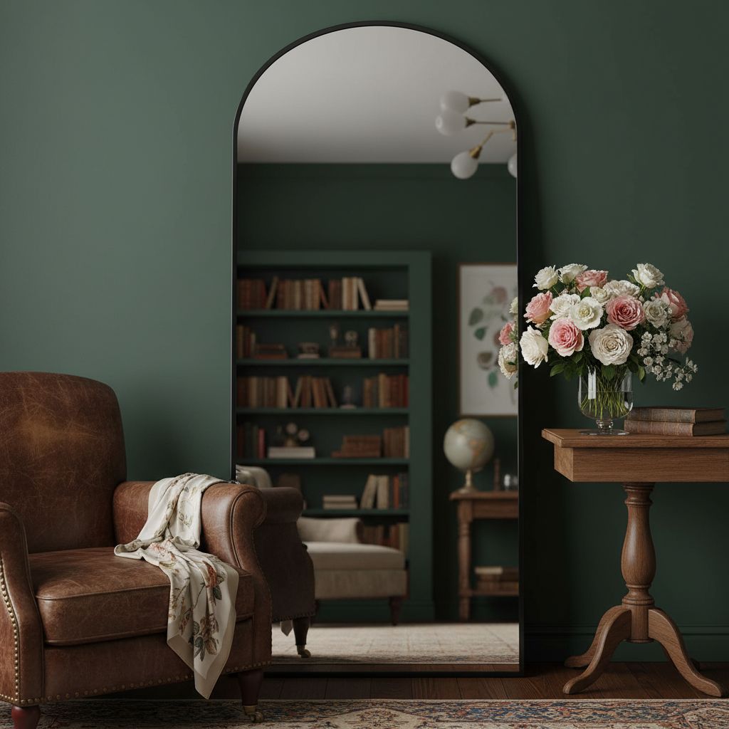Tall arched floor mirror with black aluminum frame and nano glass panel, modern minimalist design for bedroom — view 4