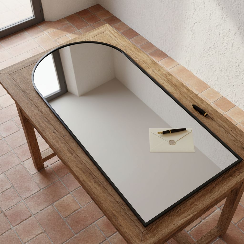 Tall arched floor mirror with black aluminum frame and nano glass panel, modern minimalist design for bedroom — view 5a