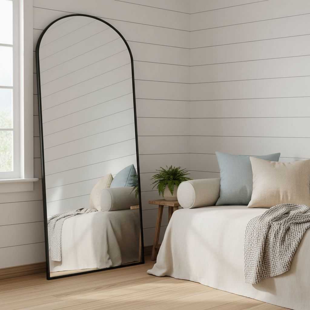 Tall arched floor mirror with black aluminum frame and nano glass panel, modern minimalist design for bedroom — view 6