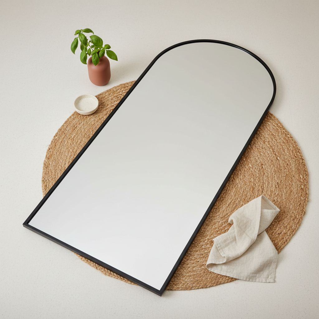 Tall arched floor mirror with black aluminum frame and nano glass panel, modern minimalist design for bedroom — hero view 2