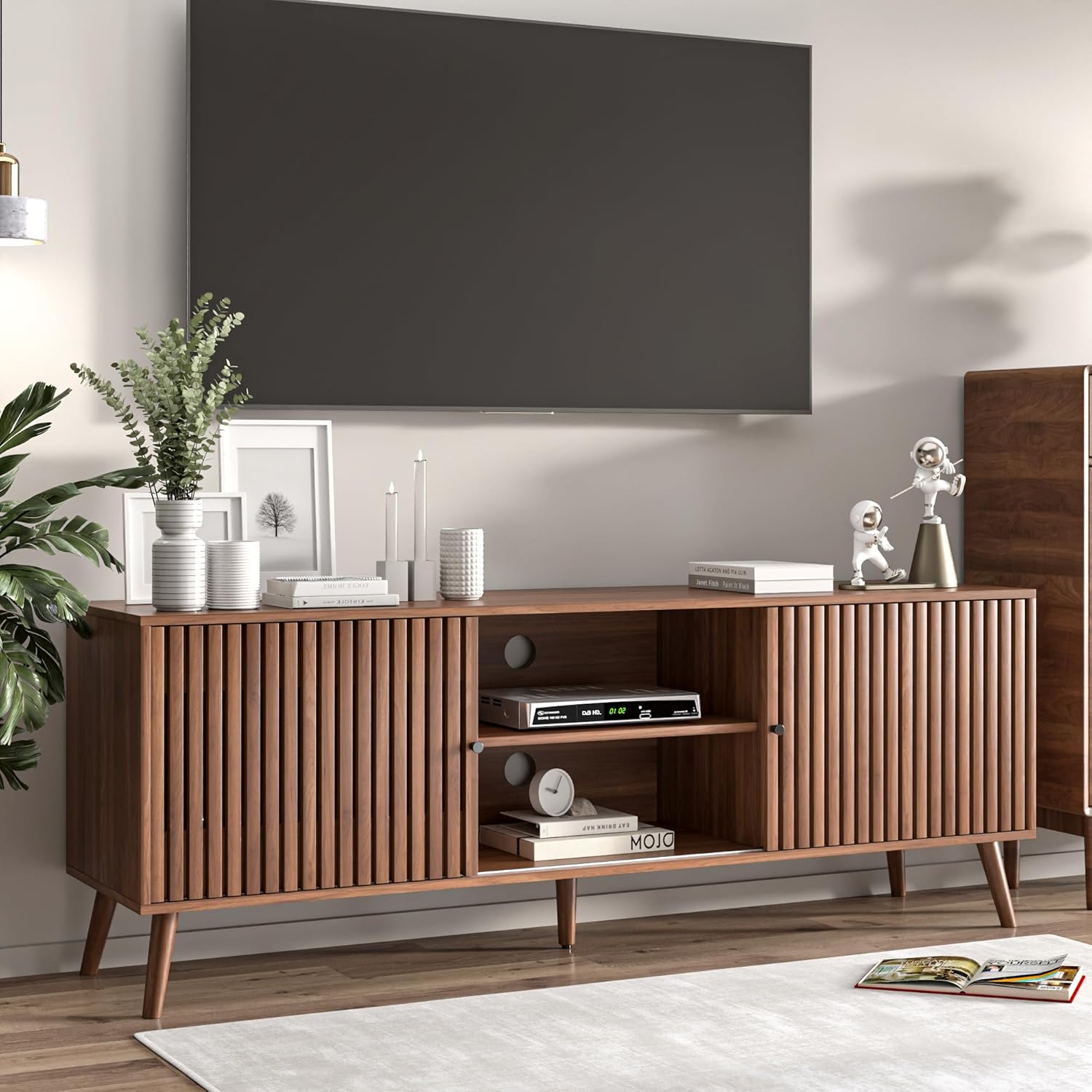 Mid-century modern walnut wood TV stand with sliding doors and open shelving storage, 63 inches wide, viewed from front angle — view 1