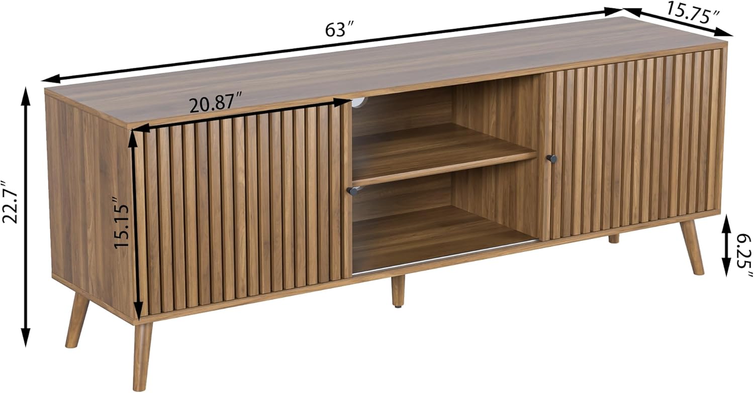 Mid-century modern walnut wood TV stand with sliding doors and open shelving storage, 63 inches wide, viewed from front angle — view 2