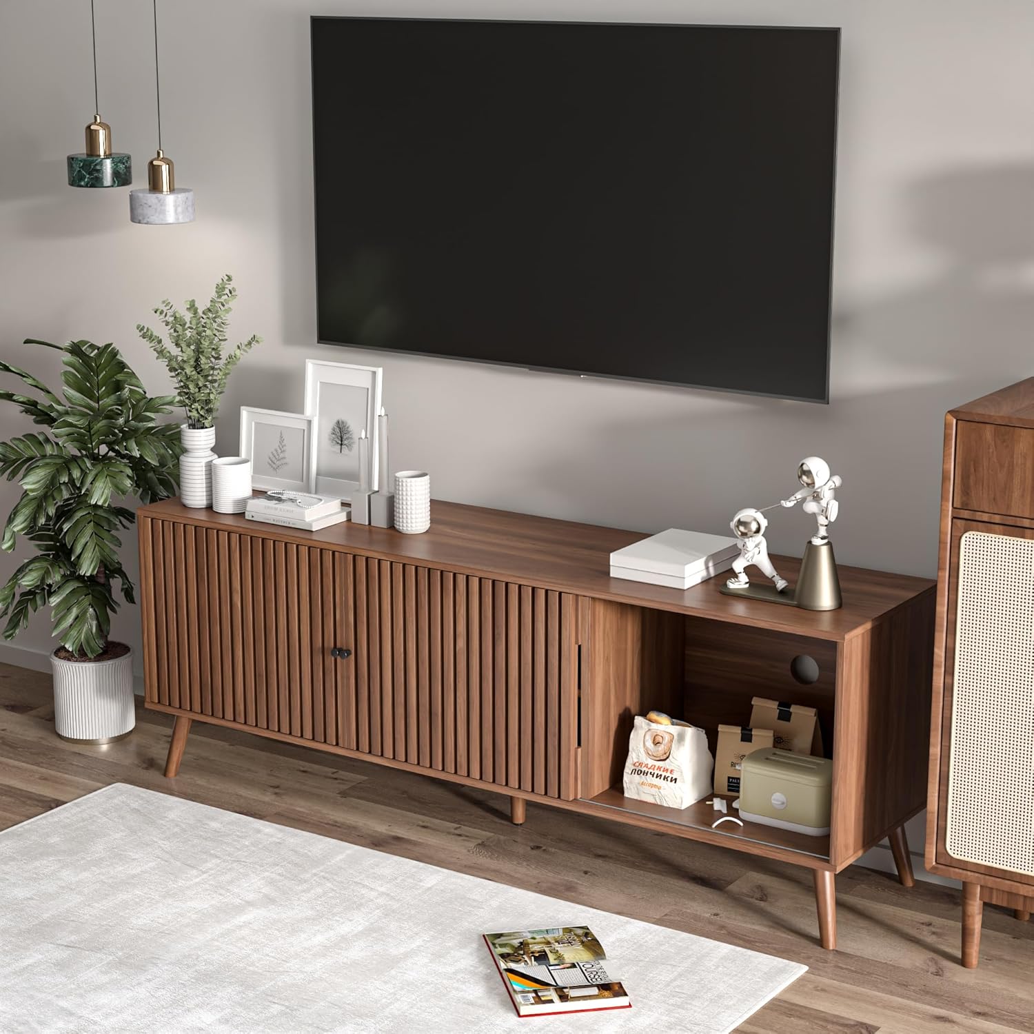 Mid-century modern walnut wood TV stand with sliding doors and open shelving storage, 63 inches wide, viewed from front angle — view 3