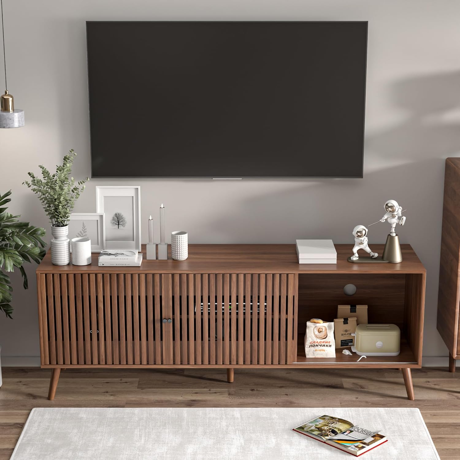 Mid-century modern walnut wood TV stand with sliding doors and open shelving storage, 63 inches wide, viewed from front angle — view 4