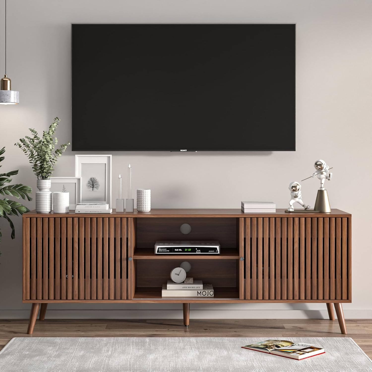 Mid-century modern walnut wood TV stand with sliding doors and open shelving storage, 63 inches wide, viewed from front angle — view 2