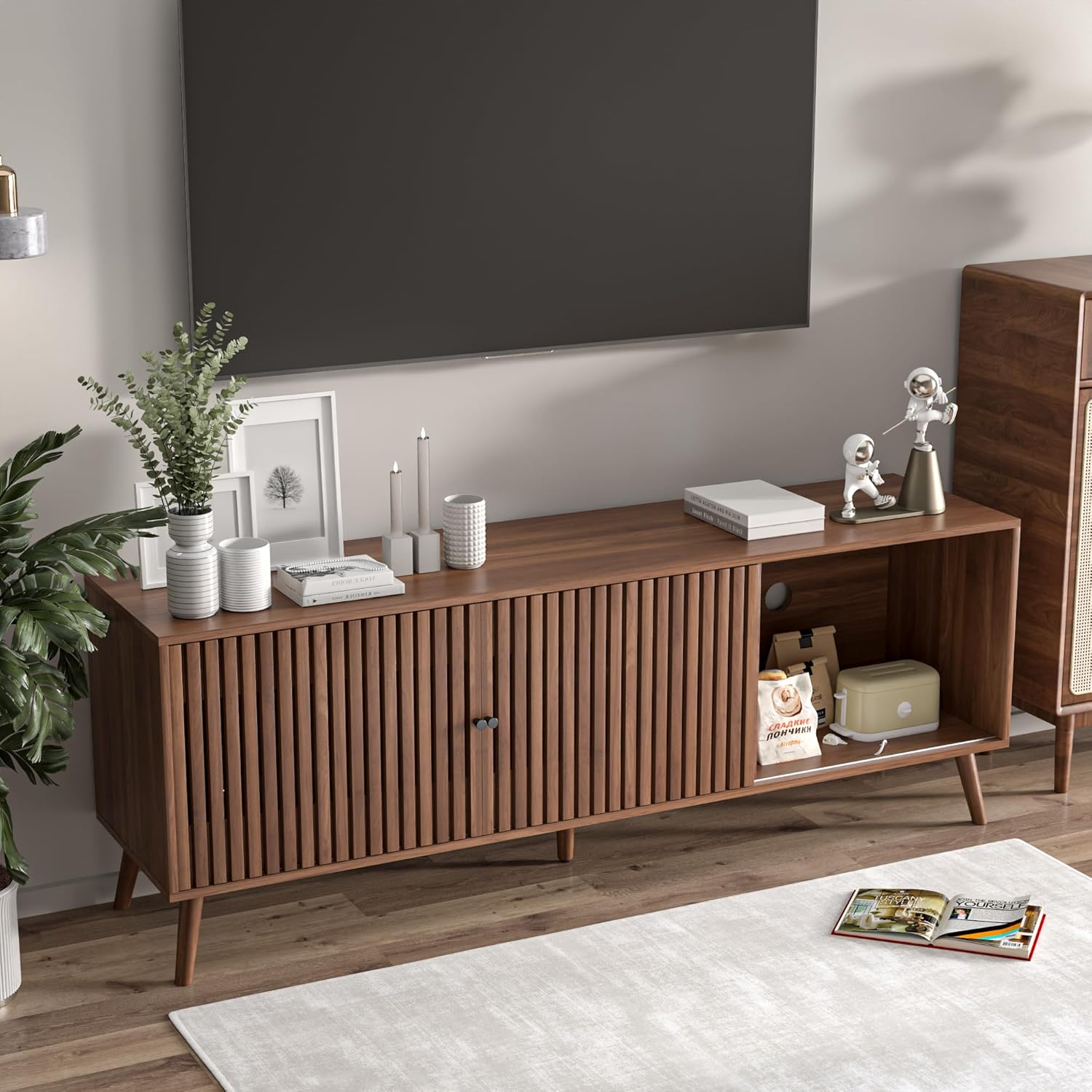 Mid-century modern walnut wood TV stand with sliding doors and open shelving storage, 63 inches wide, viewed from front angle — view 3