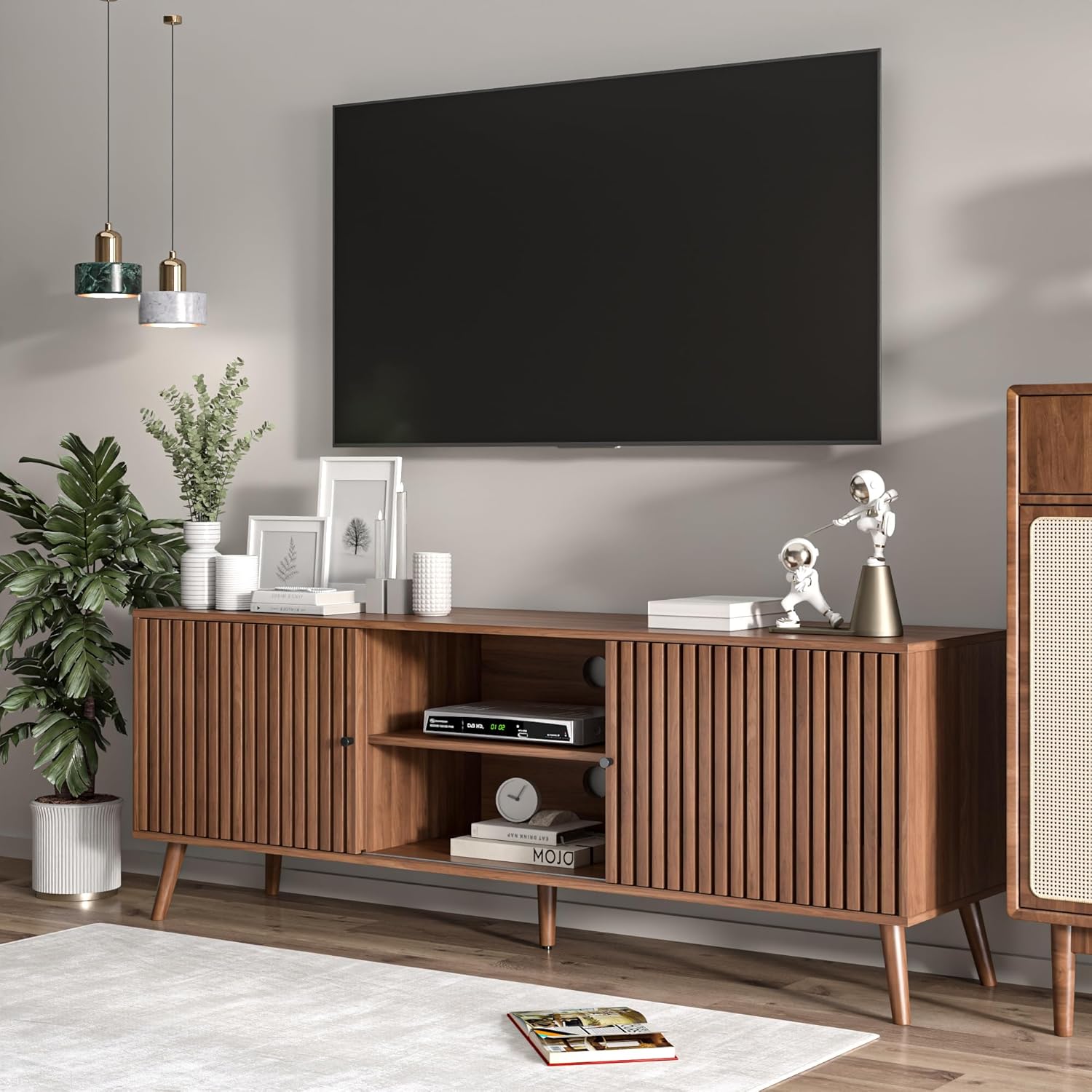 Mid-century modern walnut wood TV stand with sliding doors and open shelving storage, 63 inches wide, viewed from front angle — view 4