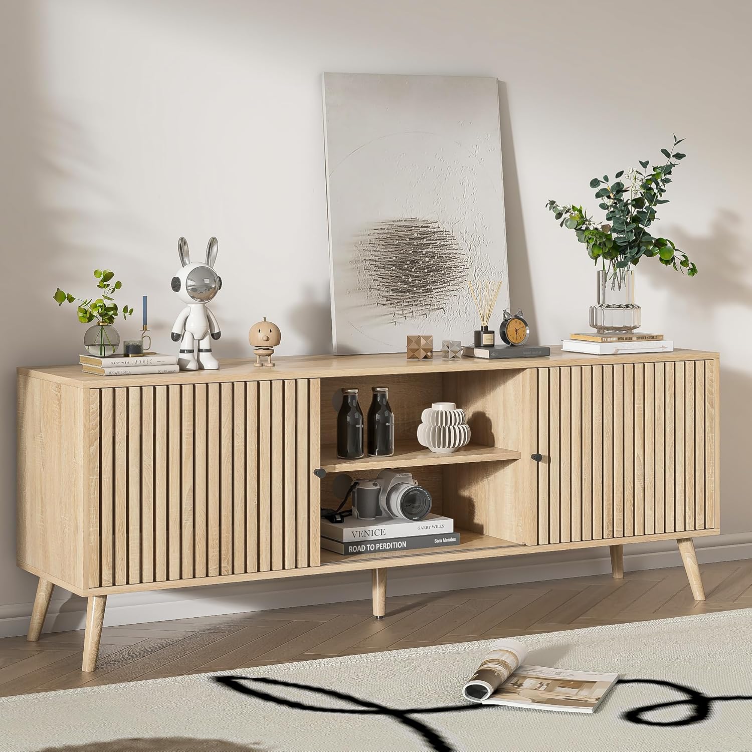Mid-century modern walnut wood TV stand with sliding doors and open shelving storage, 63 inches wide, viewed from front angle — view 5