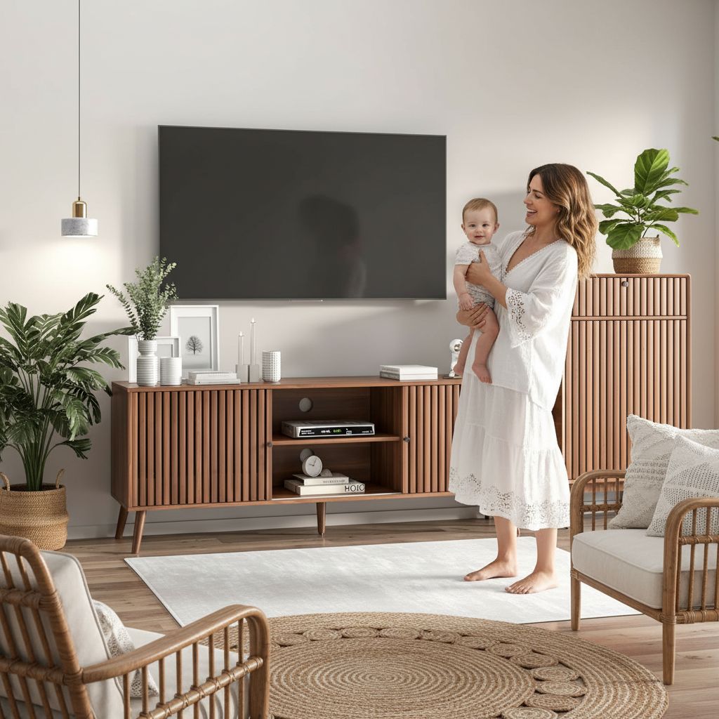 Mid-century modern walnut wood TV stand with sliding doors and open shelving storage, 63 inches wide, viewed from front angle — view 3b