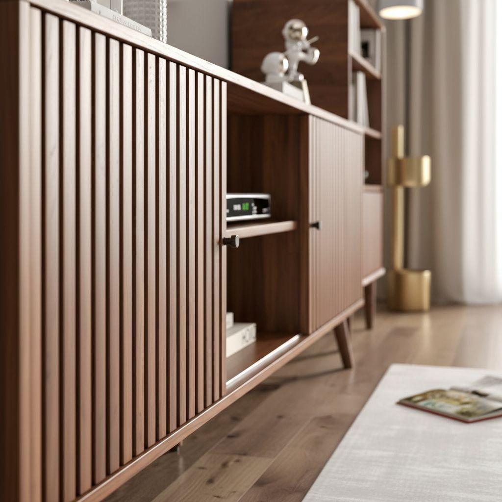 Mid-century modern walnut wood TV stand with sliding doors and open shelving storage, 63 inches wide, viewed from front angle — view 7