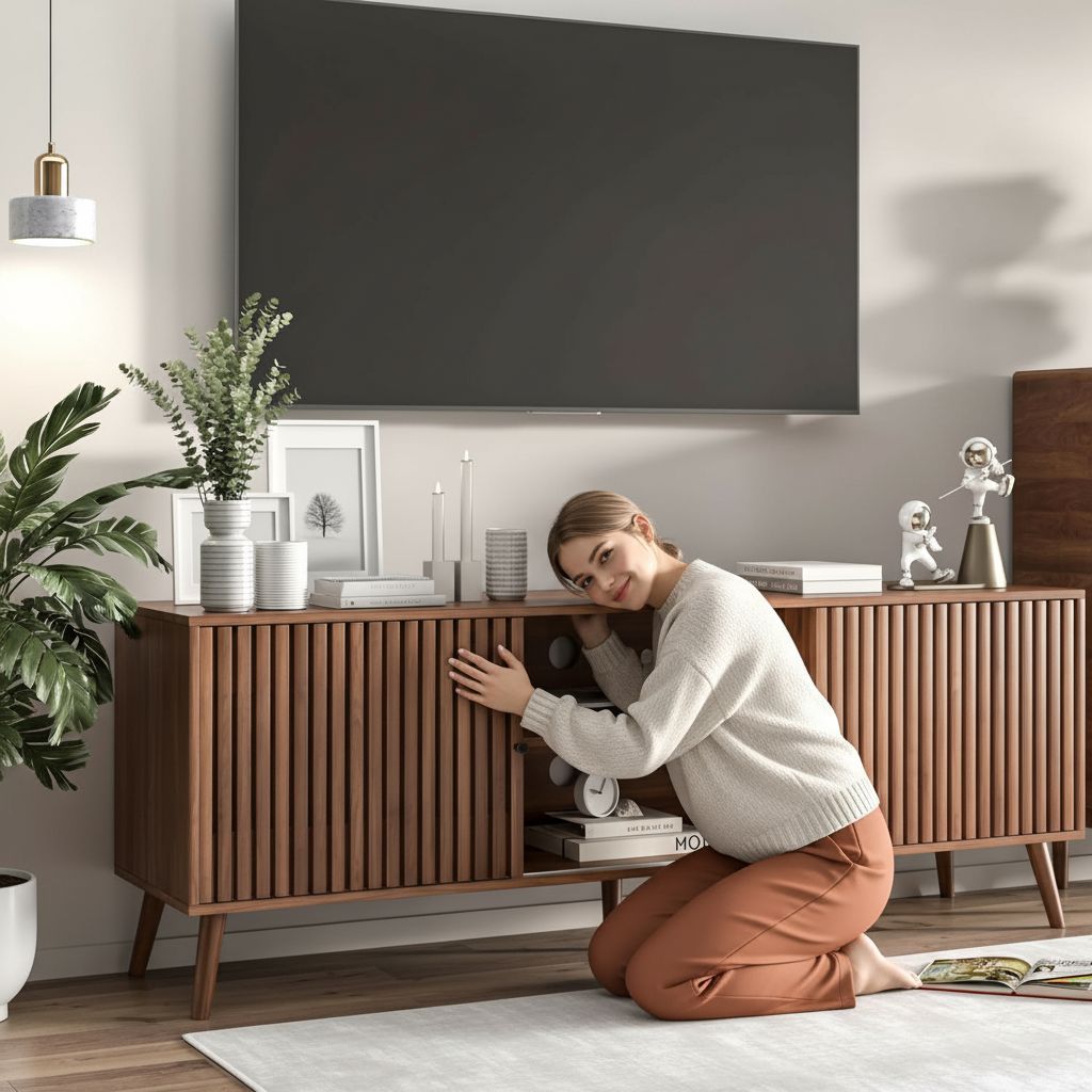 Mid-century modern walnut wood TV stand with sliding doors and open shelving storage, 63 inches wide, viewed from front angle — view 2