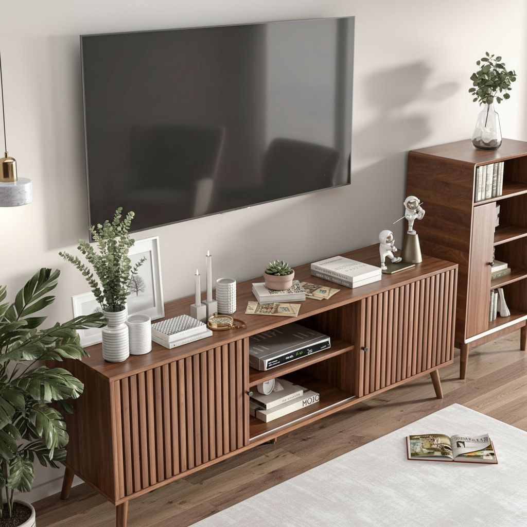 Mid-century modern walnut wood TV stand with sliding doors and open shelving storage, 63 inches wide, viewed from front angle — view 3a