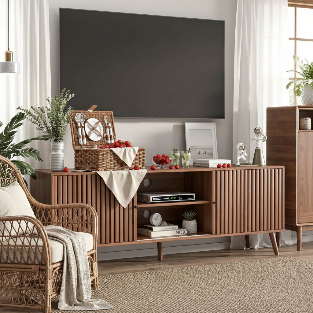 Mid-century modern walnut wood TV stand with sliding doors and open shelving storage, 63 inches wide, viewed from front angle — view 4