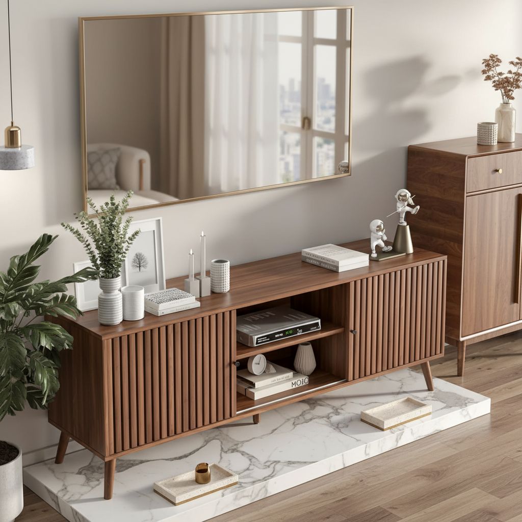 Mid-century modern walnut wood TV stand with sliding doors and open shelving storage, 63 inches wide, viewed from front angle — view 5a