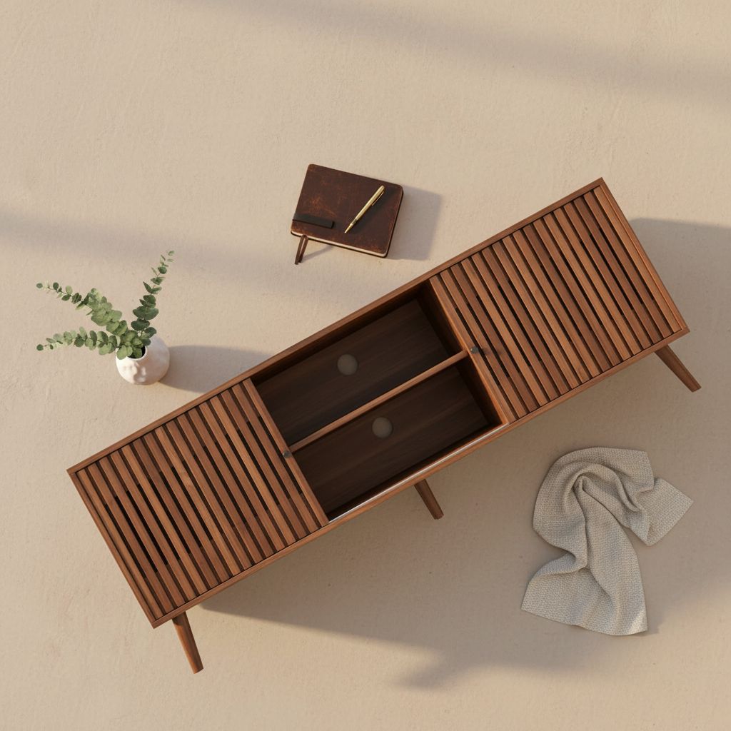 Mid-century modern walnut wood TV stand with sliding doors and open shelving storage, 63 inches wide, viewed from front angle — hero view 2