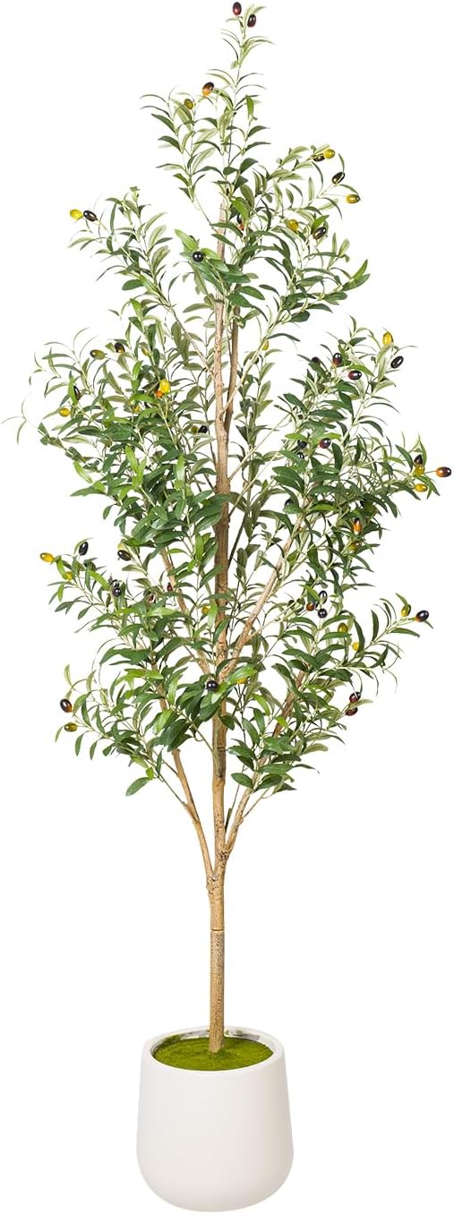 6-foot tall faux olive tree with realistic green polyethylene foliage, natural wood trunk, and white ceramic pot — view 1